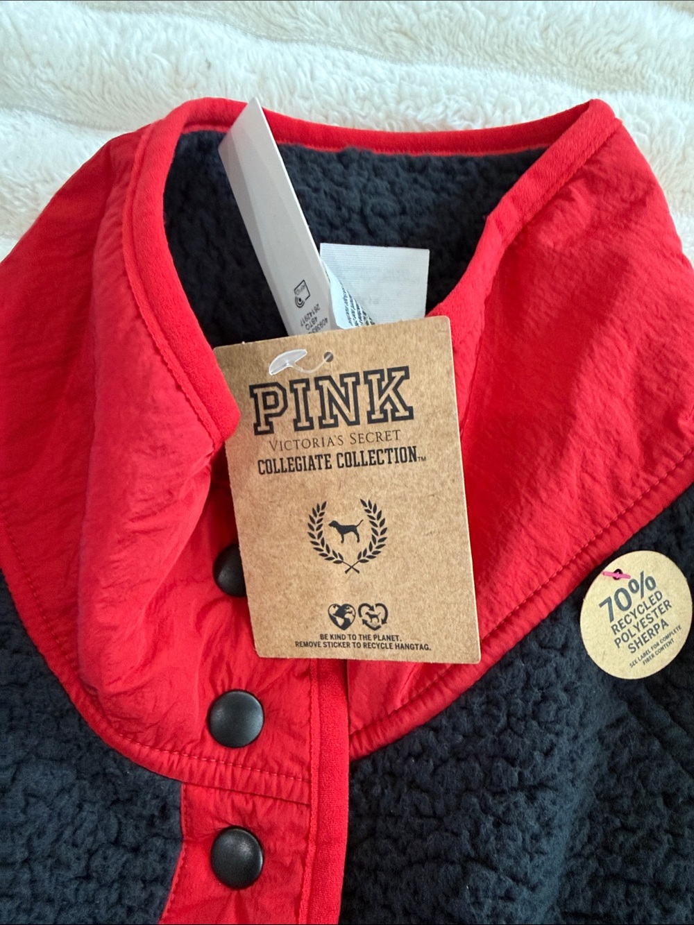 PINK Victoria's Secret Black Sherpa Jacket with Red Trim - Picture 2 of 4